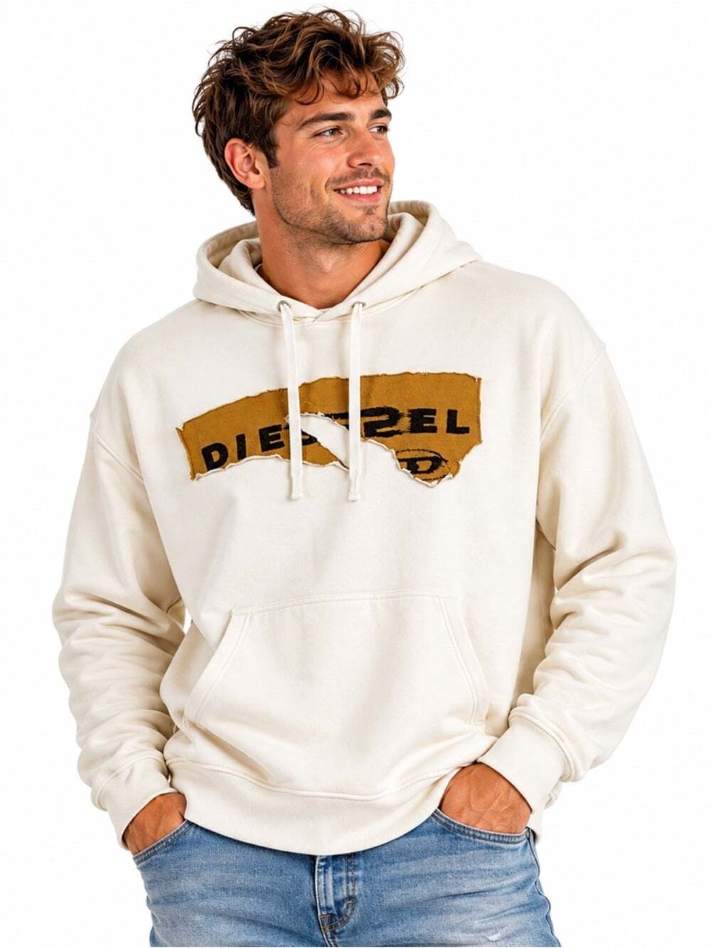 Diesel Distressed Logo Hoodie Pullover Streetwear Graphic White Size Small